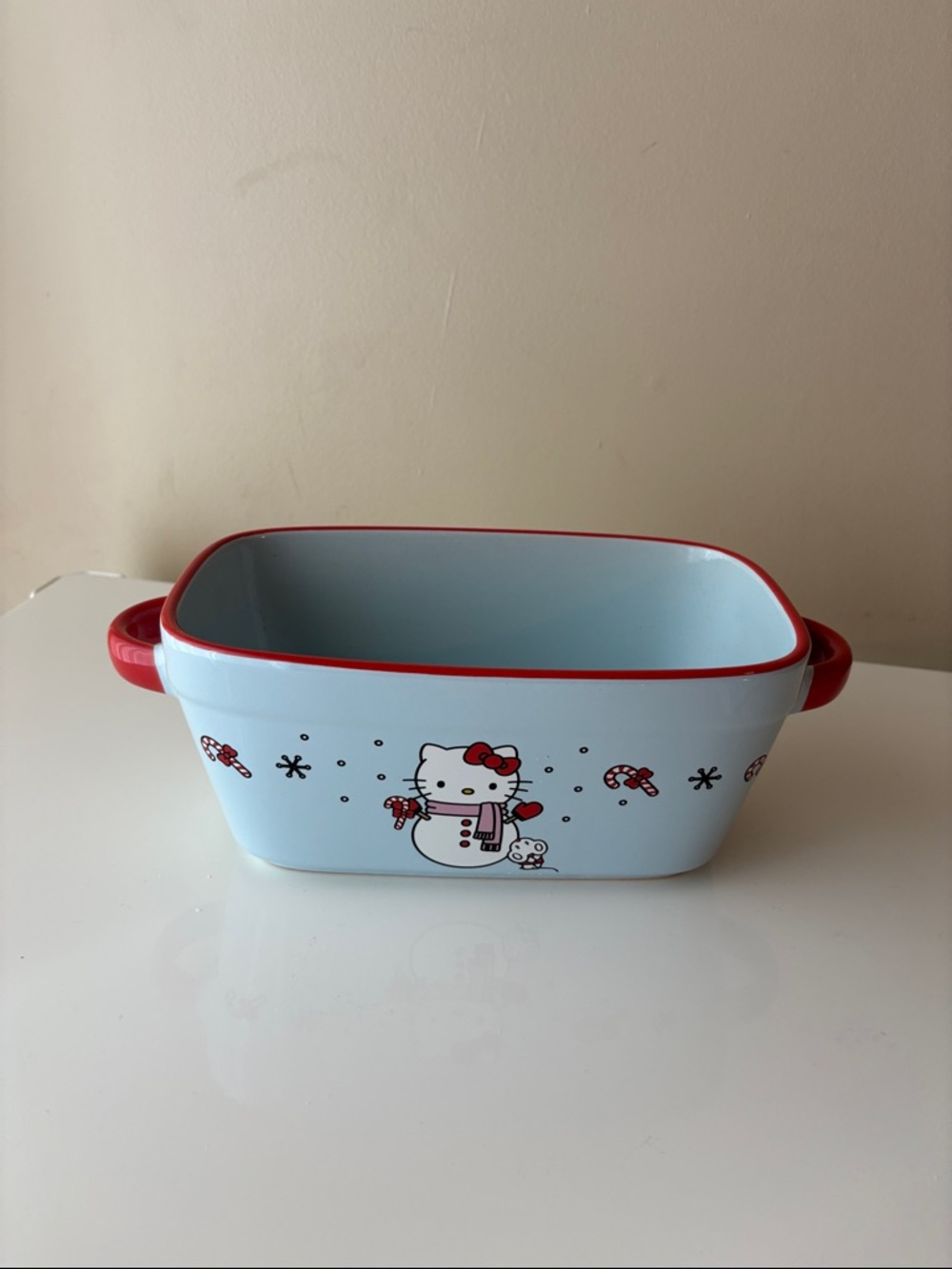Hello Kitty Light Blue & Red Ceramic Serving Dish with Snowman Design NWOT